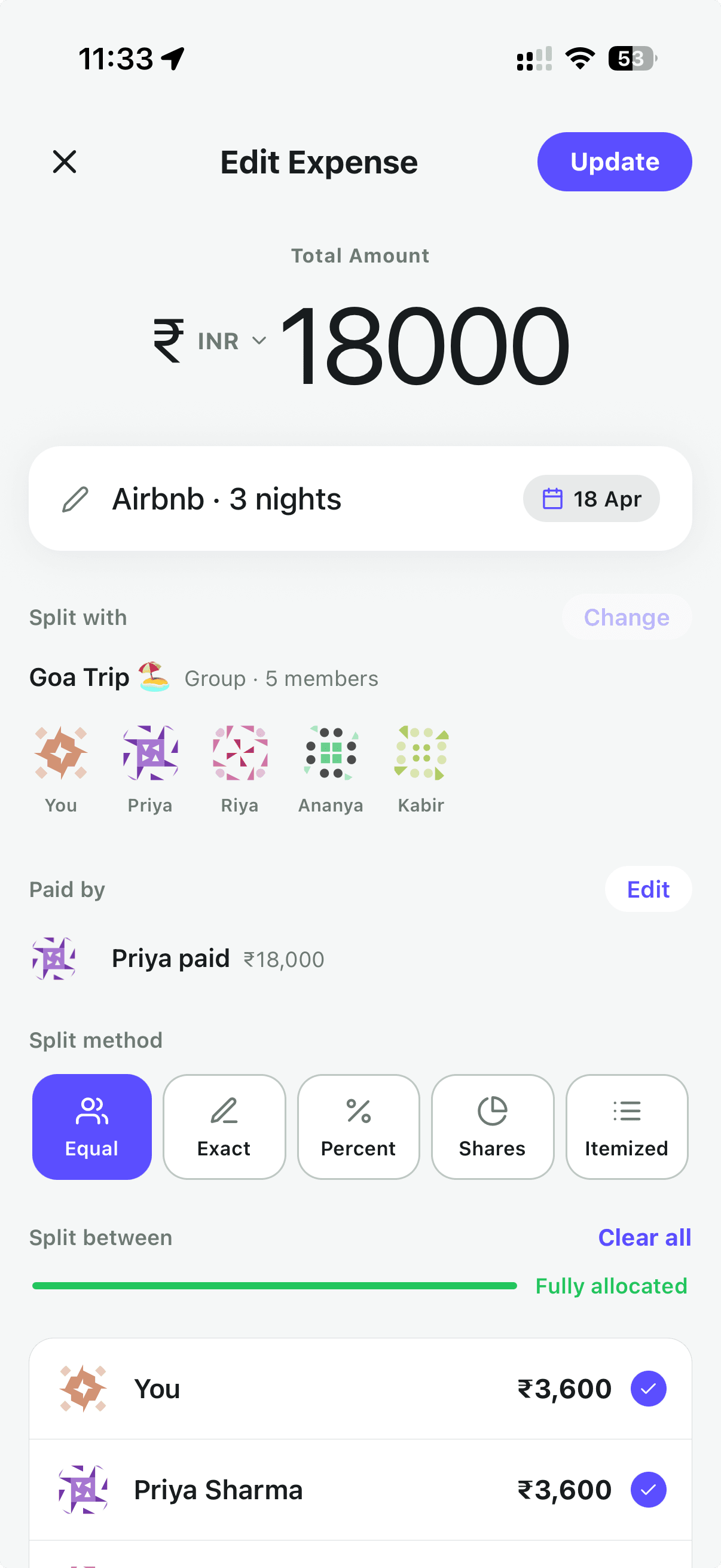 Expense split breakdown